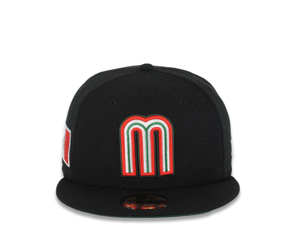 Mexico New Era WBC World Baseball Classic 59FIFTY 5950 Fitted Cap Hat Black Crown/Visor Team Color Logo With Mexico Flag Side Patch