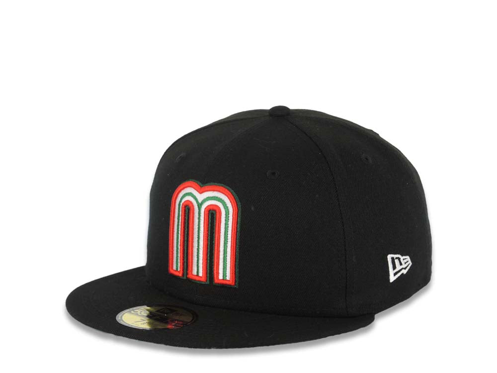 Mexico New Era WBC World Baseball Classic 59FIFTY 5950 Fitted Cap Hat Black Crown/Visor Team Color Logo With Mexico Flag Side Patch