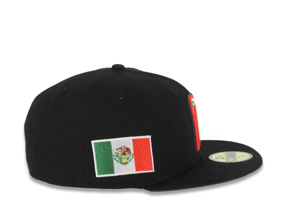 Mexico New Era WBC World Baseball Classic 59FIFTY 5950 Fitted Cap Hat Black Crown/Visor Team Color Logo With Mexico Flag Side Patch