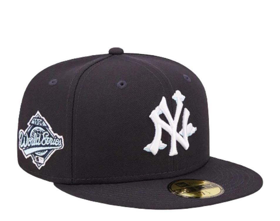 New York Yankees New Era MLB 59FIFTY 5950 Fitted Cap Hat Navy Blue Crown/Visor White with Cloud Logo 1996 World Series Side Patch Sky Blue UV