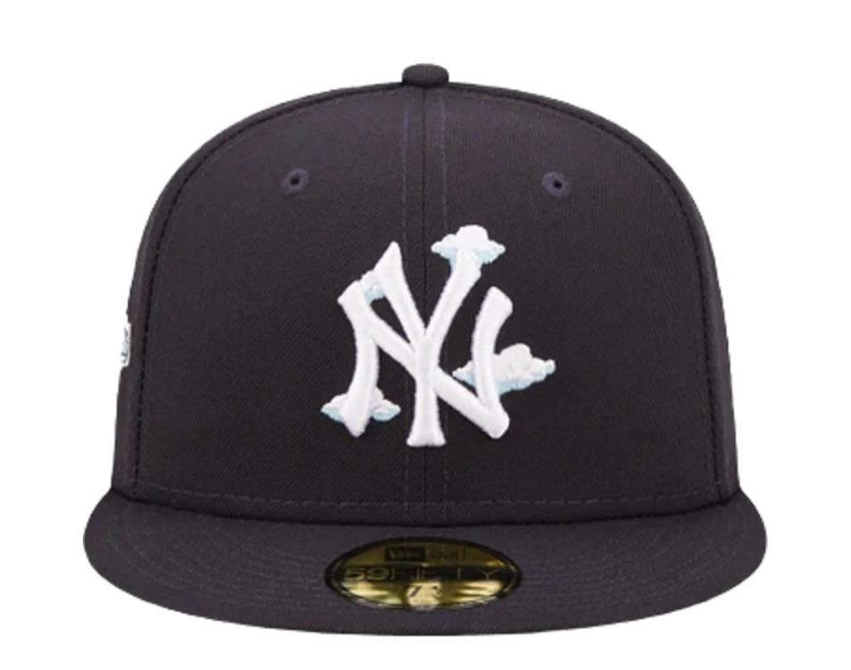 New York Yankees New Era MLB 59FIFTY 5950 Fitted Cap Hat Navy Blue Crown/Visor White with Cloud Logo 1996 World Series Side Patch Sky Blue UV