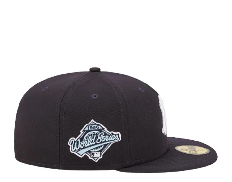 New York Yankees New Era MLB 59FIFTY 5950 Fitted Cap Hat Navy Blue Crown/Visor White with Cloud Logo 1996 World Series Side Patch Sky Blue UV