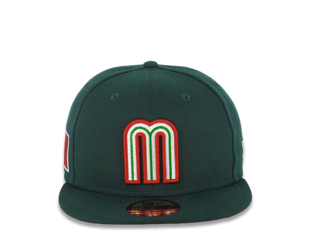 Mexico New Era WBC World Baseball Classic 59FIFTY 5950 Fitted Cap Hat Dark Green Crown/Visor White/Red/Green Logo Mexico Flag Side Patch