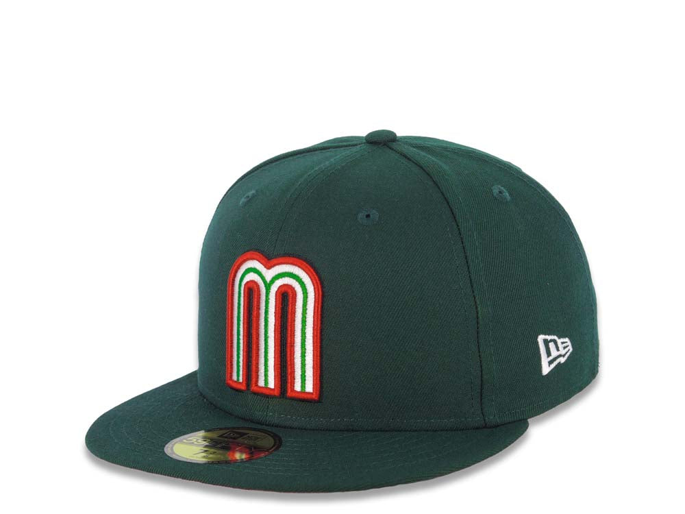 Mexico New Era WBC World Baseball Classic 59FIFTY 5950 Fitted Cap Hat Dark Green Crown/Visor White/Red/Green Logo Mexico Flag Side Patch