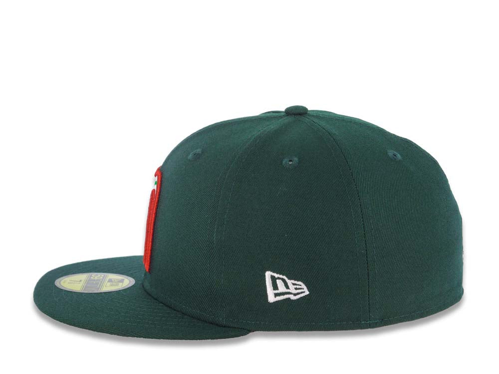 Mexico New Era WBC World Baseball Classic 59FIFTY 5950 Fitted Cap Hat Dark Green Crown/Visor White/Red/Green Logo Mexico Flag Side Patch