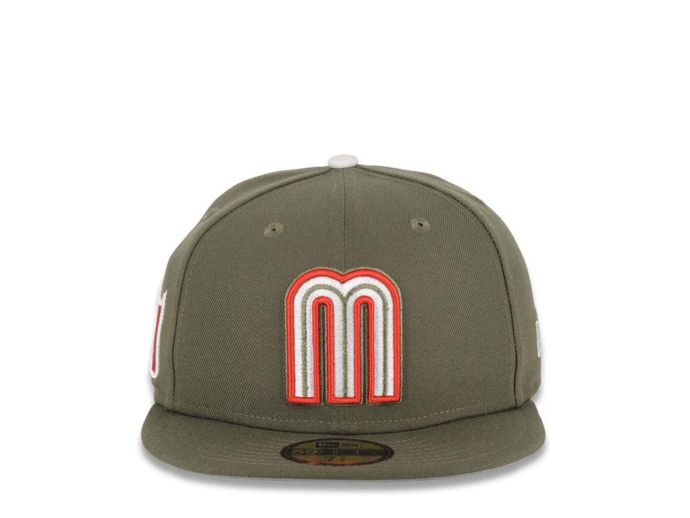 Mexico New Era WBC World Baseball Classic 59FIFTY 5950 Fitted Cap Hat Olive Green Crown/Visor White/Red/Olive Logo Mexico Flag Side Patch Gray UV
