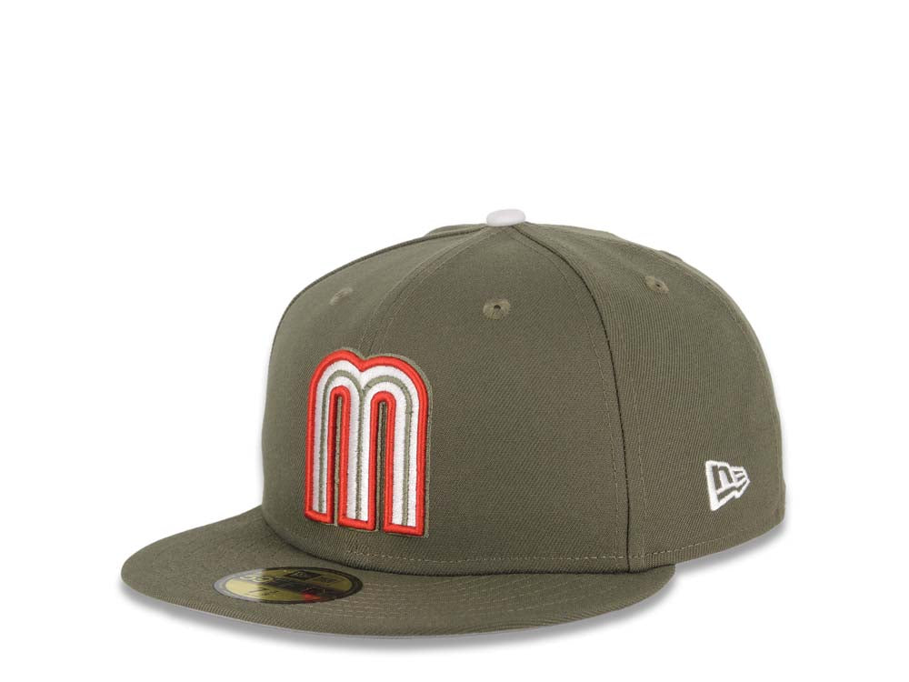 Mexico New Era WBC World Baseball Classic 59FIFTY 5950 Fitted Cap Hat Olive Green Crown/Visor White/Red/Olive Logo Mexico Flag Side Patch Gray UV