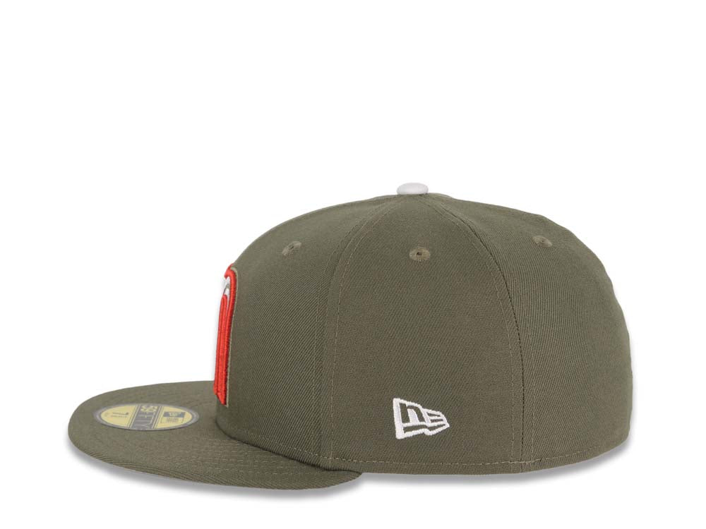 Mexico New Era WBC World Baseball Classic 59FIFTY 5950 Fitted Cap Hat Olive Green Crown/Visor White/Red/Olive Logo Mexico Flag Side Patch Gray UV