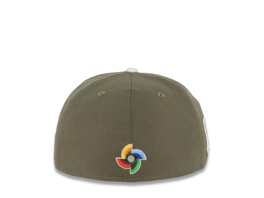 Mexico New Era WBC World Baseball Classic 59FIFTY 5950 Fitted Cap Hat Olive Green Crown/Visor White/Red/Olive Logo Mexico Flag Side Patch Gray UV