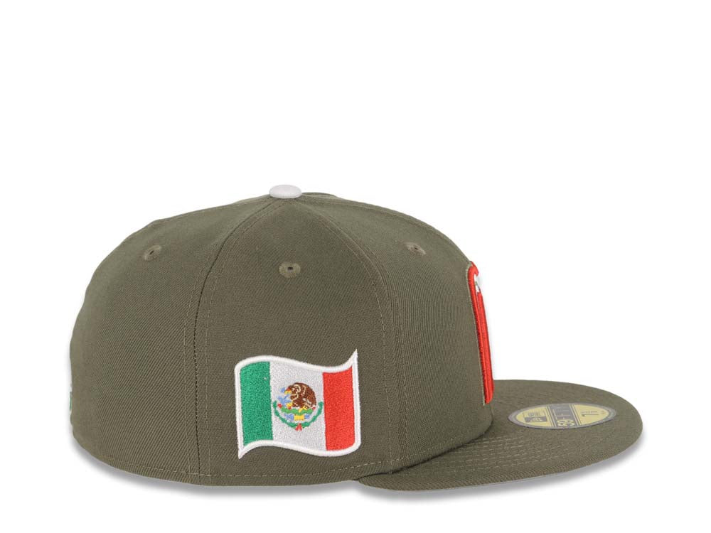 Mexico New Era WBC World Baseball Classic 59FIFTY 5950 Fitted Cap Hat Olive Green Crown/Visor White/Red/Olive Logo Mexico Flag Side Patch Gray UV