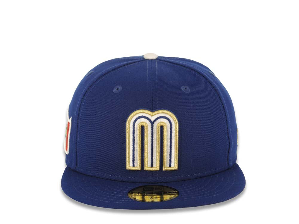 Mexico New Era WBC World Baseball Classic 59FIFTY 5950 Fitted Cap Hat Royal Blue Crown/Visor White/Metallic Gold Logo Mexico Flag Side Patch