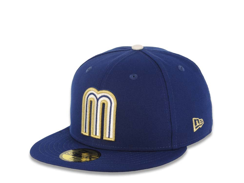 Mexico New Era WBC World Baseball Classic 59FIFTY 5950 Fitted Cap Hat Royal Blue Crown/Visor White/Metallic Gold Logo Mexico Flag Side Patch