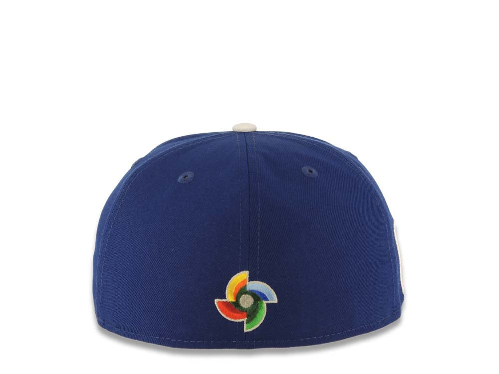 Mexico New Era WBC World Baseball Classic 59FIFTY 5950 Fitted Cap Hat Royal Blue Crown/Visor White/Metallic Gold Logo Mexico Flag Side Patch
