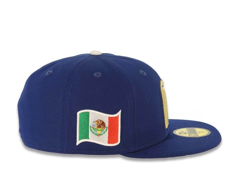 Mexico New Era WBC World Baseball Classic 59FIFTY 5950 Fitted Cap Hat Royal Blue Crown/Visor White/Metallic Gold Logo Mexico Flag Side Patch