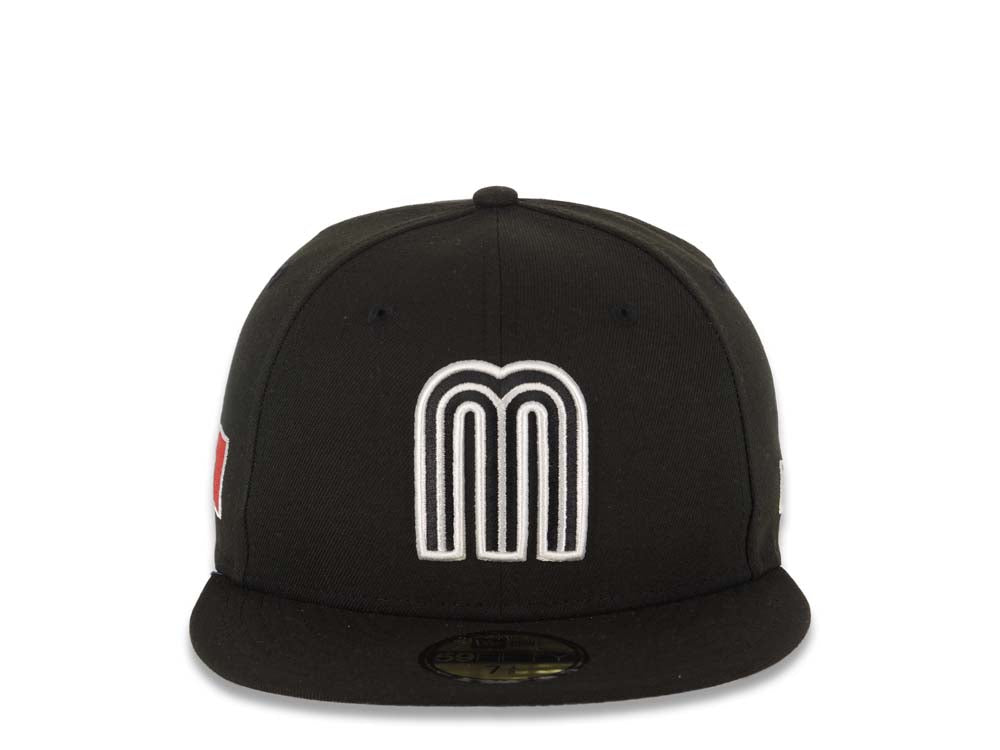 Mexico New Era WBC World Baseball Classic 59FIFTY 5950 Fitted Cap Hat Black Crown/Visor Black/White Logo Mexico Flag Side Patch Gray UV