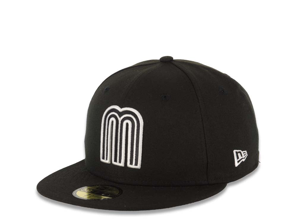 Mexico New Era WBC World Baseball Classic 59FIFTY 5950 Fitted Cap Hat Black Crown/Visor Black/White Logo Mexico Flag Side Patch Gray UV