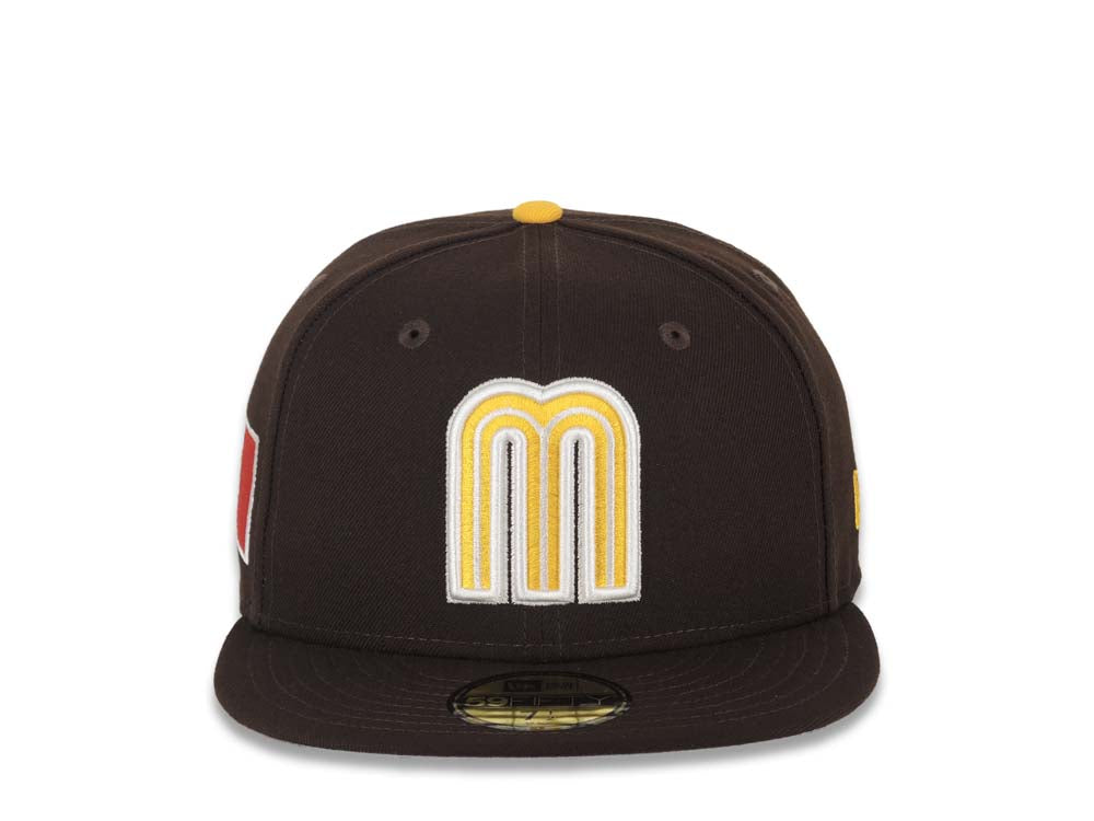 Mexico New Era WBC World Baseball Classic 59FIFTY 5950 Fitted Cap Hat Dark Brown Crown/Visor Yellow/White Logo Mexico Flag Side Patch Gray UV