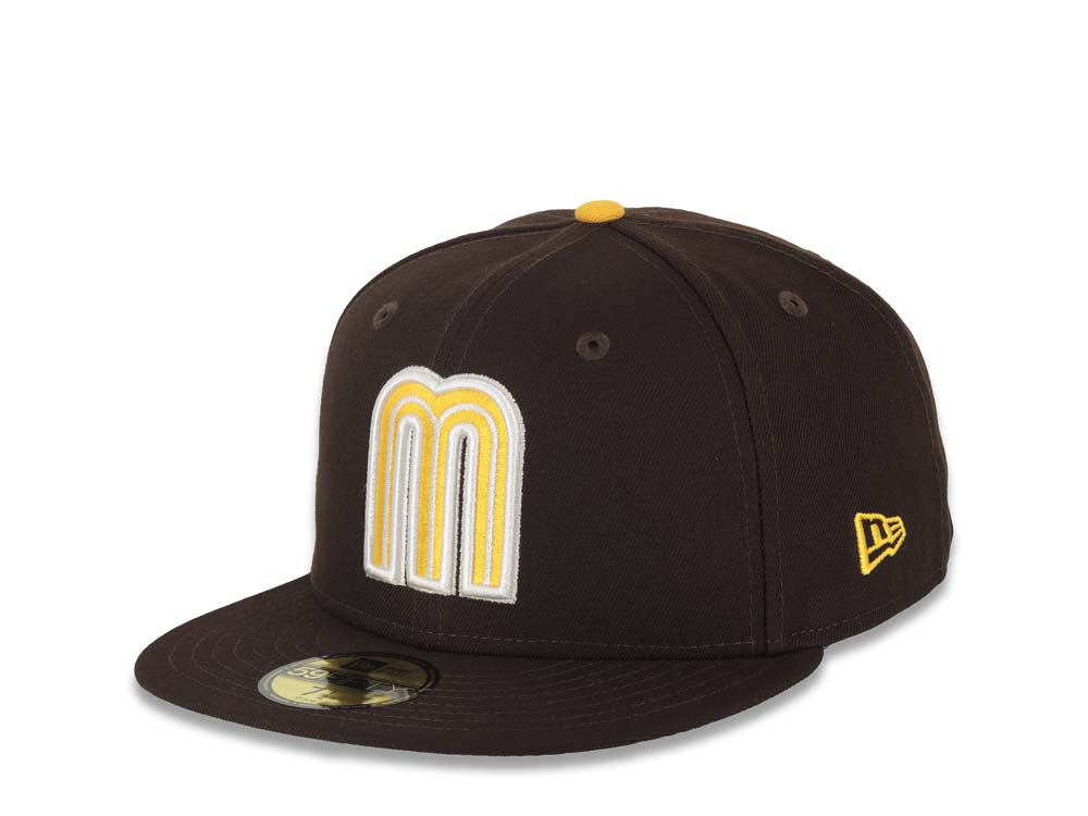 Mexico New Era WBC World Baseball Classic 59FIFTY 5950 Fitted Cap Hat Dark Brown Crown/Visor Yellow/White Logo Mexico Flag Side Patch Gray UV