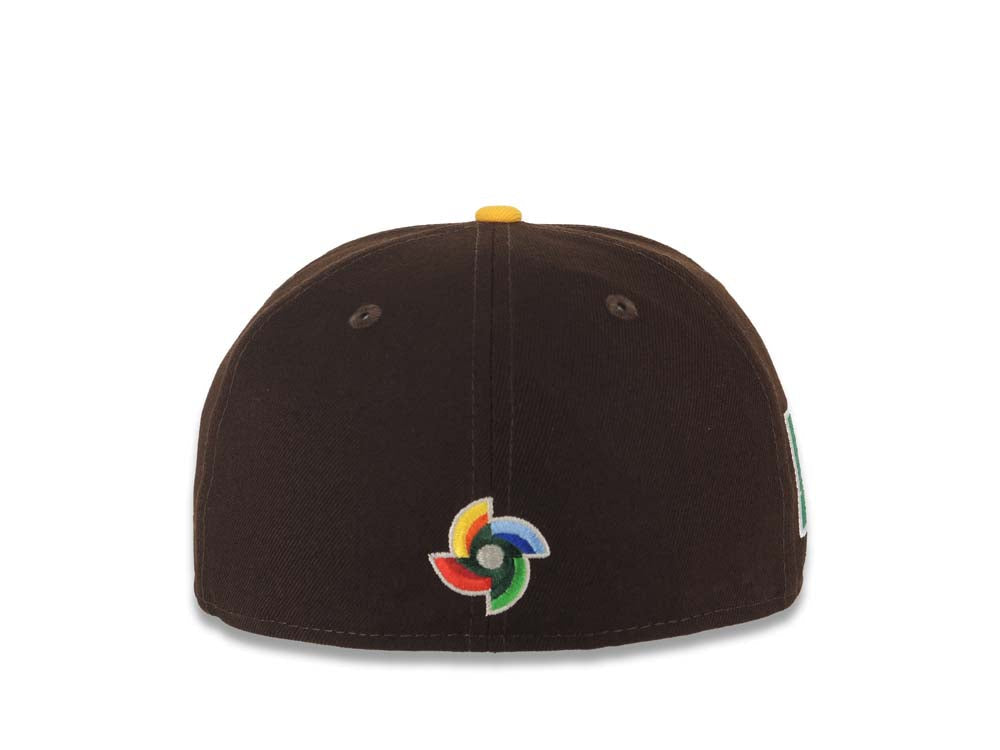 Mexico New Era WBC World Baseball Classic 59FIFTY 5950 Fitted Cap Hat Dark Brown Crown/Visor Yellow/White Logo Mexico Flag Side Patch Gray UV