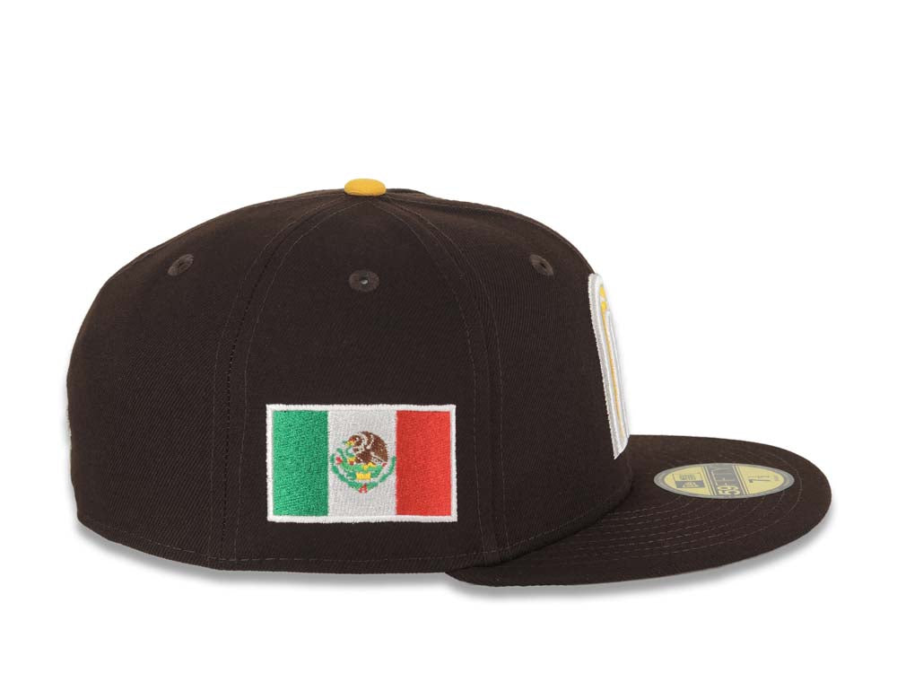 Mexico New Era WBC World Baseball Classic 59FIFTY 5950 Fitted Cap Hat Dark Brown Crown/Visor Yellow/White Logo Mexico Flag Side Patch Gray UV