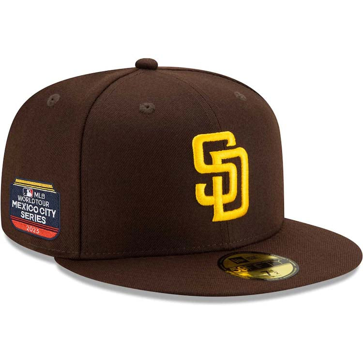 San Diego Padres New Era MLB 59FIFTY 5950 Fitted Cap Hat Dark Brown Crown/Visor Yellow Logo (2023 World Tour Mexico City Series)