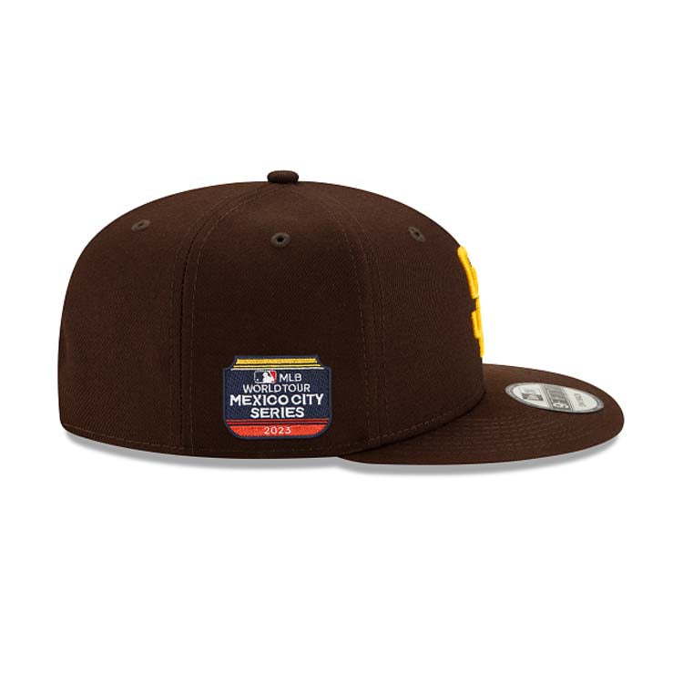 San Diego Padres New Era MLB 9FIFTY 950 Snapback Cap Hat Dark Brown Crown/Visor Yellow Logo (2023 World Tour Mexico City Series)