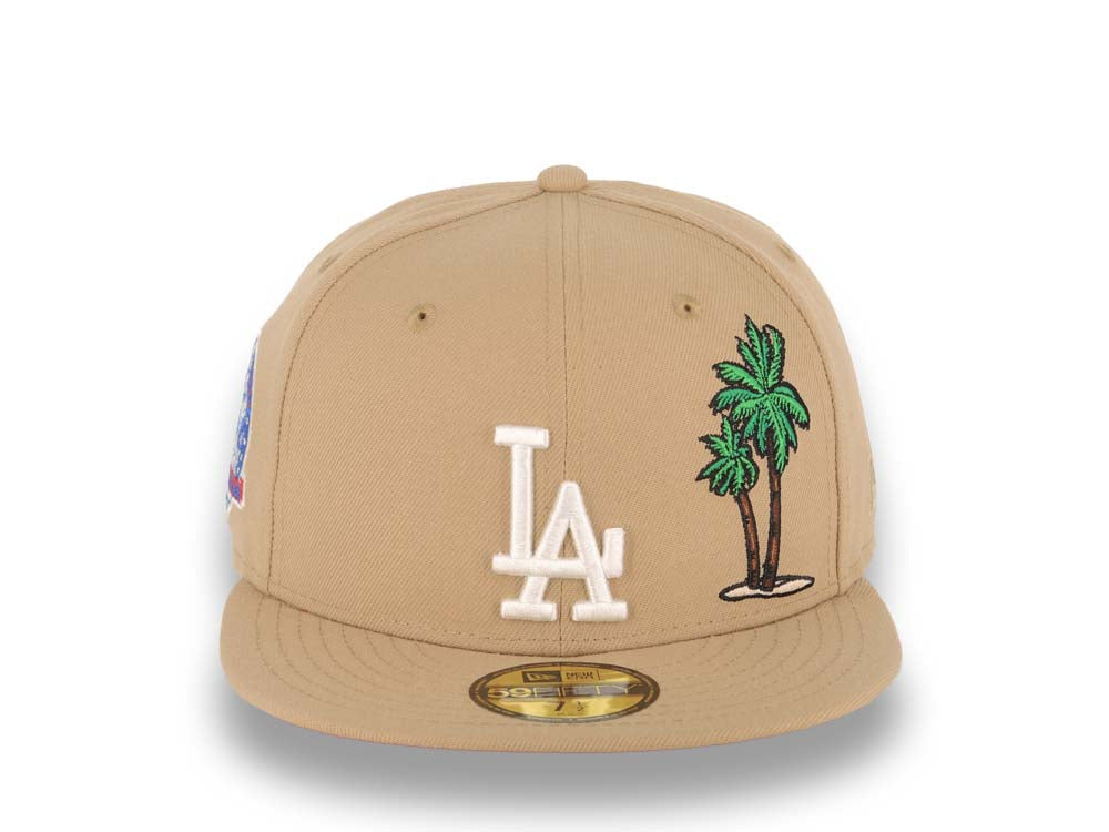 Los Angeles Dodgers New Era MLB 59FIFTY 5950 Fitted Cap Hat Khaki Crown/Visor White With Palm Trees Logo 60th Anniversary Side Patch Red UV