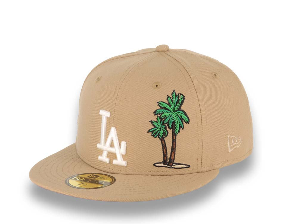 Los Angeles Dodgers New Era MLB 59FIFTY 5950 Fitted Cap Hat Khaki Crown/Visor White With Palm Trees Logo 60th Anniversary Side Patch Red UV