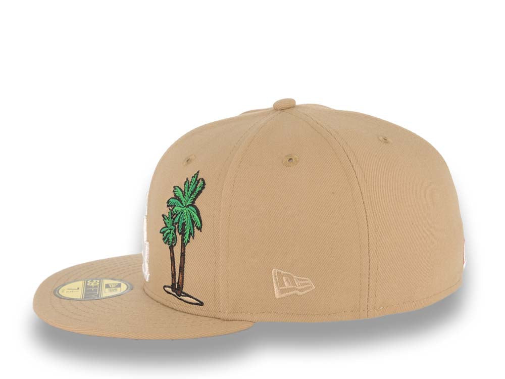 Los Angeles Dodgers New Era MLB 59FIFTY 5950 Fitted Cap Hat Khaki Crown/Visor White With Palm Trees Logo 60th Anniversary Side Patch Red UV