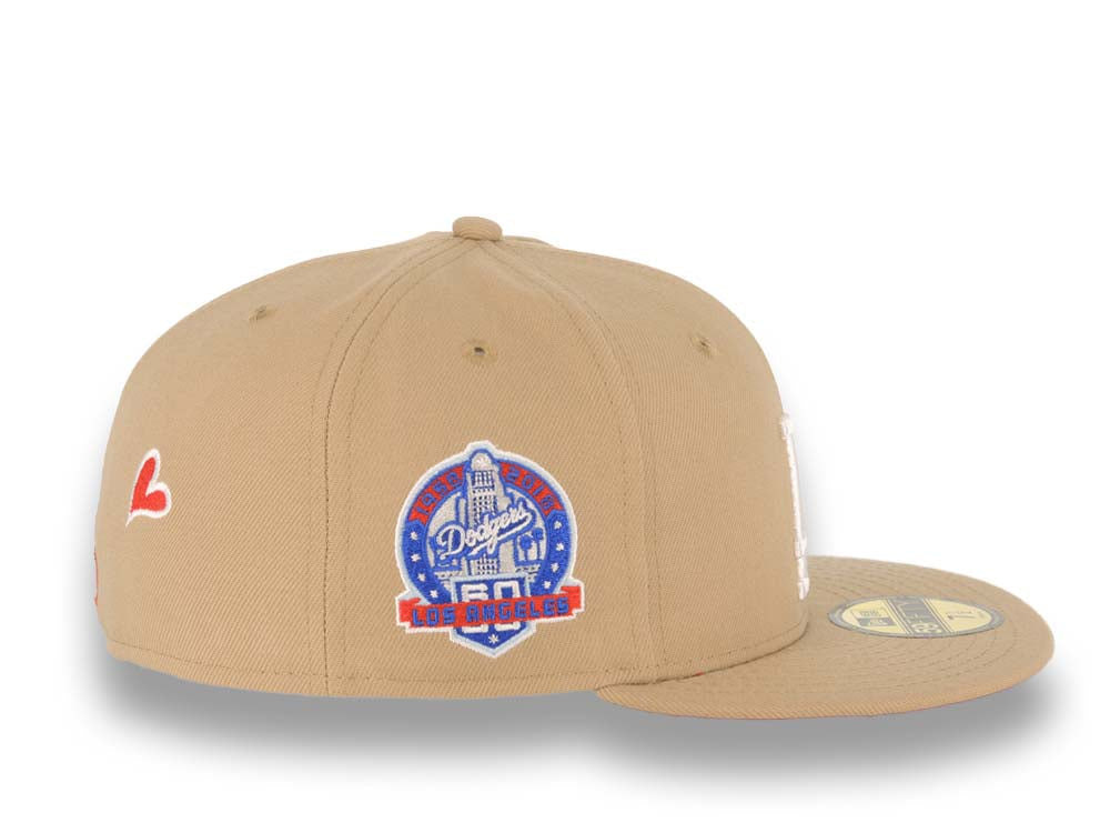 Los Angeles Dodgers New Era MLB 59FIFTY 5950 Fitted Cap Hat Khaki Crown/Visor White With Palm Trees Logo 60th Anniversary Side Patch Red UV