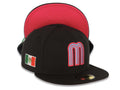 Mexico New Era 59FIFTY 5950 Fitted Cap Hat Black Crown/Visor Sky Blue/Magenta Logo Mexico Flag Side Patch Magenta UV