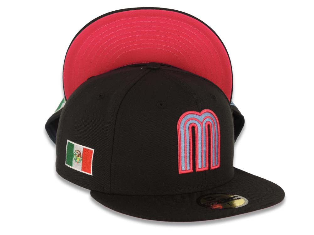 Mexico New Era 59FIFTY 5950 Fitted Cap Hat Black Crown/Visor Sky Blue/Magenta Logo Mexico Flag Side Patch Magenta UV