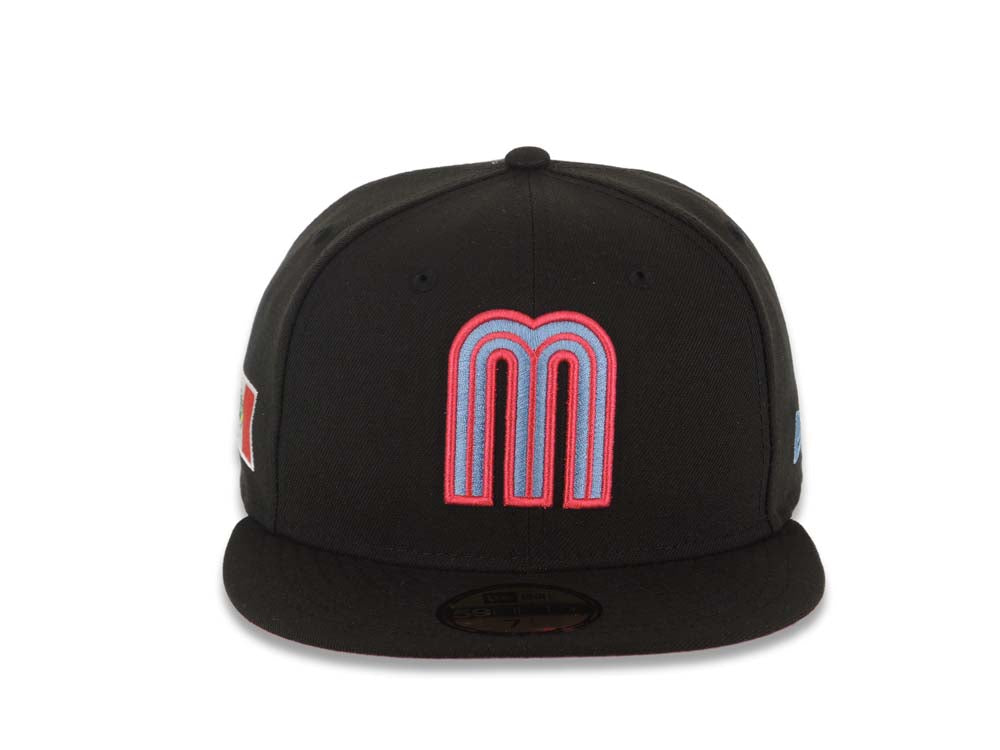 Mexico New Era 59FIFTY 5950 Fitted Cap Hat Black Crown/Visor Sky Blue/Magenta Logo Mexico Flag Side Patch Magenta UV
