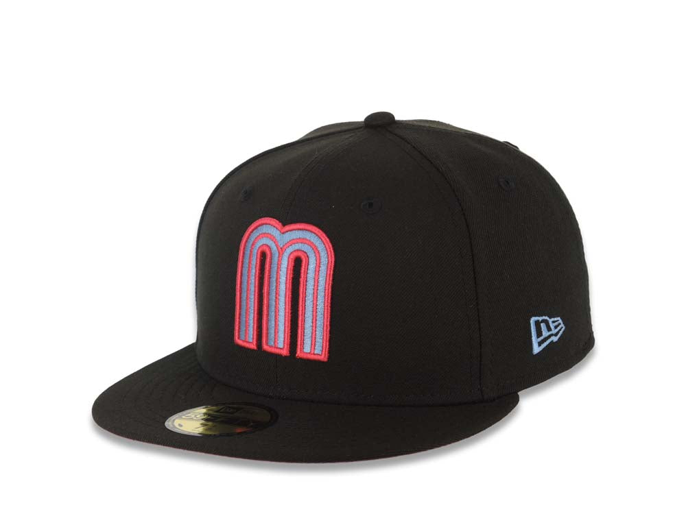 Mexico New Era 59FIFTY 5950 Fitted Cap Hat Black Crown/Visor Sky Blue/Magenta Logo Mexico Flag Side Patch Magenta UV