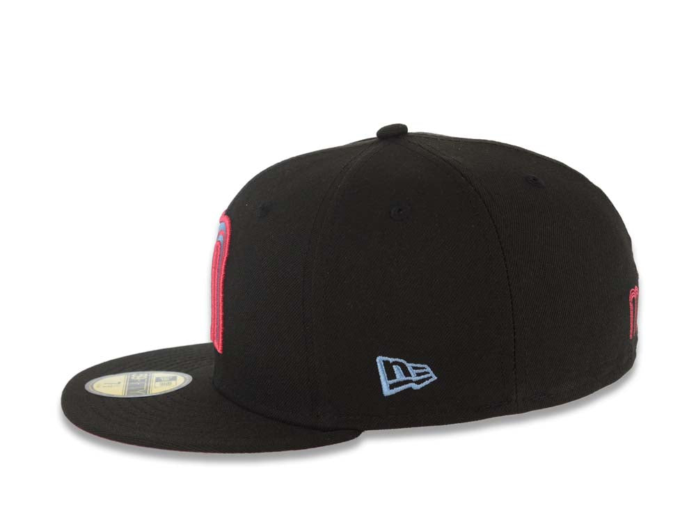 Mexico New Era 59FIFTY 5950 Fitted Cap Hat Black Crown/Visor Sky Blue/Magenta Logo Mexico Flag Side Patch Magenta UV