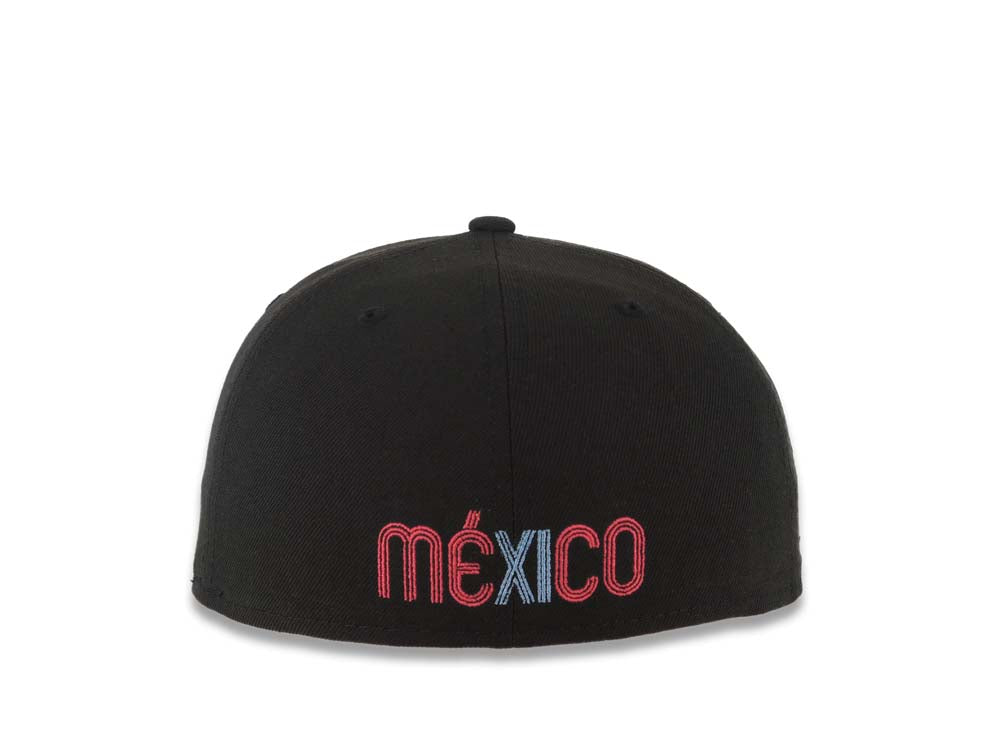 Mexico New Era 59FIFTY 5950 Fitted Cap Hat Black Crown/Visor Sky Blue/Magenta Logo Mexico Flag Side Patch Magenta UV