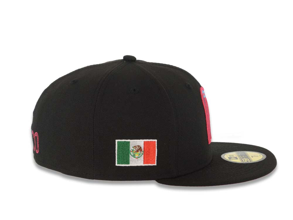 Mexico New Era 59FIFTY 5950 Fitted Cap Hat Black Crown/Visor Sky Blue/Magenta Logo Mexico Flag Side Patch Magenta UV