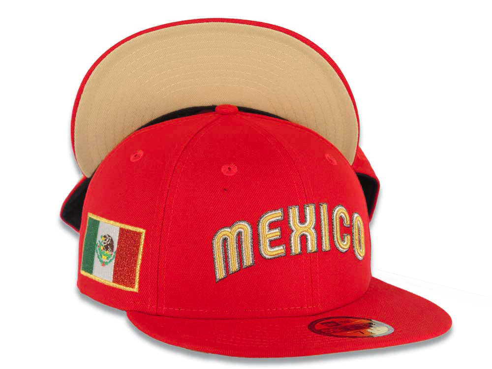 Mexico New Era WBC World Baseball Classic 59FIFTY 5950 Fitted Cap Hat Red Crown/Visor Metallic Gold/White/Silver Script Logo Mexico Flag Side Patch