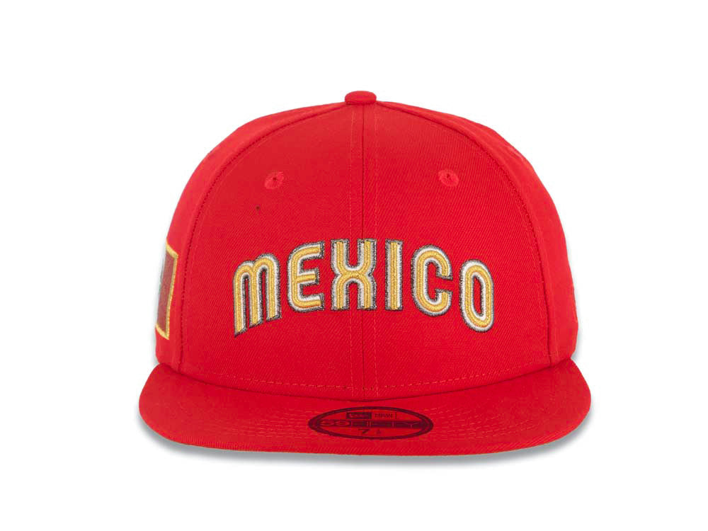 Mexico New Era WBC World Baseball Classic 59FIFTY 5950 Fitted Cap Hat Red Crown/Visor Metallic Gold/White/Silver Script Logo Mexico Flag Side Patch