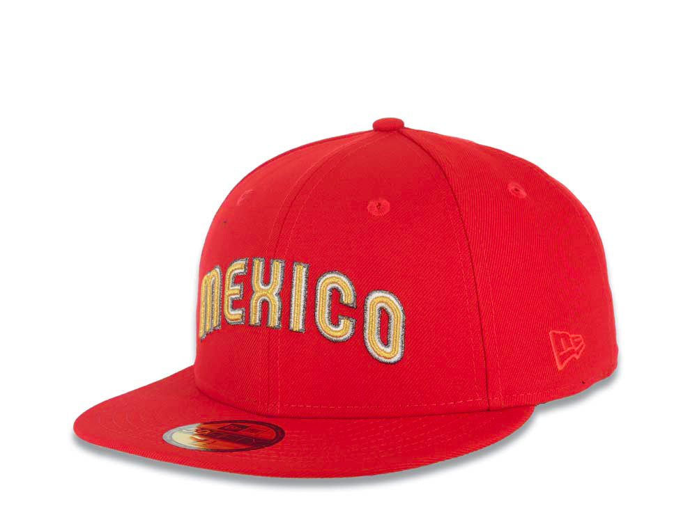 Mexico New Era WBC World Baseball Classic 59FIFTY 5950 Fitted Cap Hat Red Crown/Visor Metallic Gold/White/Silver Script Logo Mexico Flag Side Patch