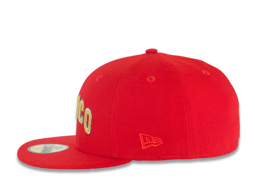 Mexico New Era WBC World Baseball Classic 59FIFTY 5950 Fitted Cap Hat Red Crown/Visor Metallic Gold/White/Silver Script Logo Mexico Flag Side Patch
