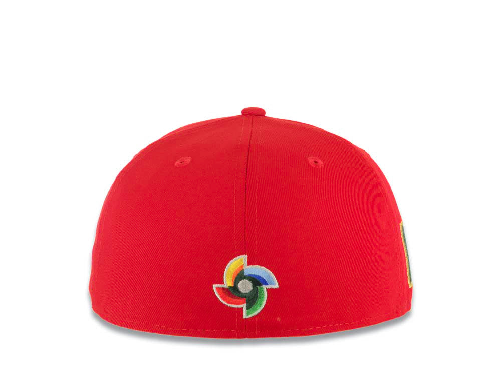 Mexico New Era WBC World Baseball Classic 59FIFTY 5950 Fitted Cap Hat Red Crown/Visor Metallic Gold/White/Silver Script Logo Mexico Flag Side Patch