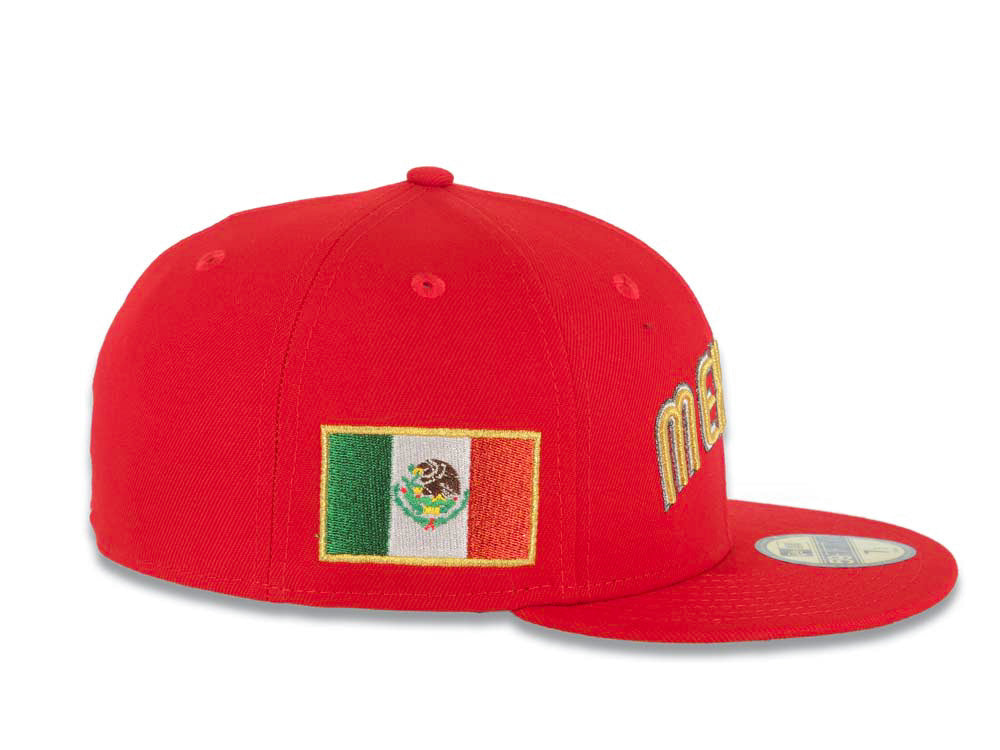 Mexico New Era WBC World Baseball Classic 59FIFTY 5950 Fitted Cap Hat Red Crown/Visor Metallic Gold/White/Silver Script Logo Mexico Flag Side Patch