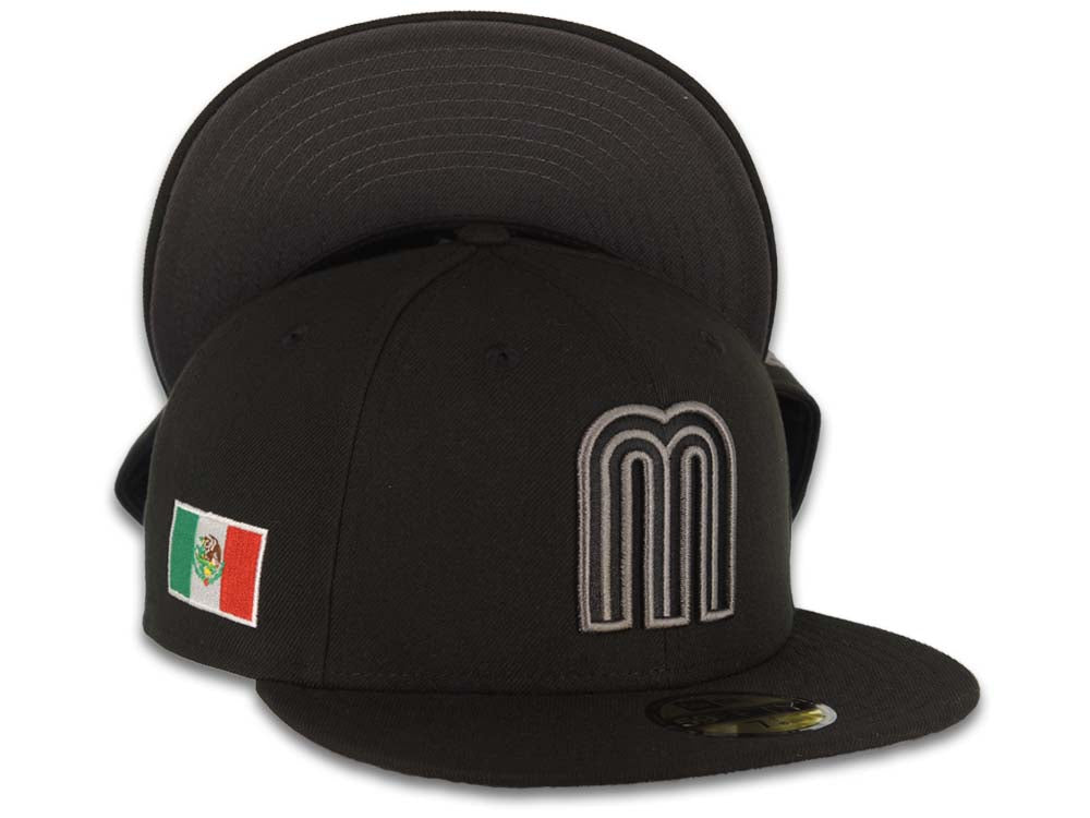 Mexico New Era 59FIFTY 5950 Fitted Cap Hat Black Crown/Visor Black/Dark Gray Logo Mexico Flag Side Patch Dark Gray UV