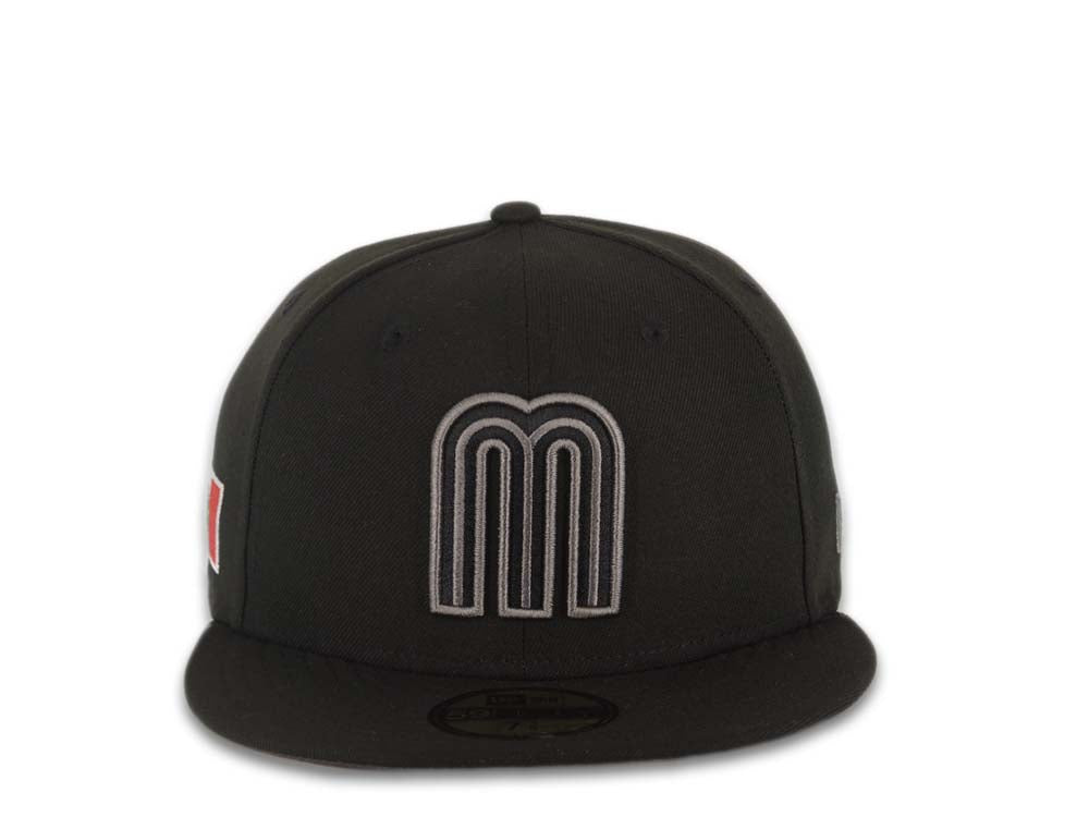 Mexico New Era 59FIFTY 5950 Fitted Cap Hat Black Crown/Visor Black/Dark Gray Logo Mexico Flag Side Patch Dark Gray UV