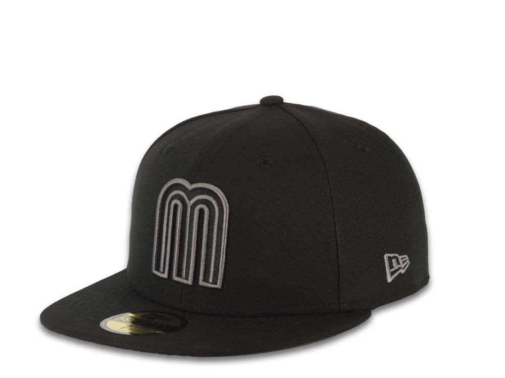 Mexico New Era 59FIFTY 5950 Fitted Cap Hat Black Crown/Visor Black/Dark Gray Logo Mexico Flag Side Patch Dark Gray UV