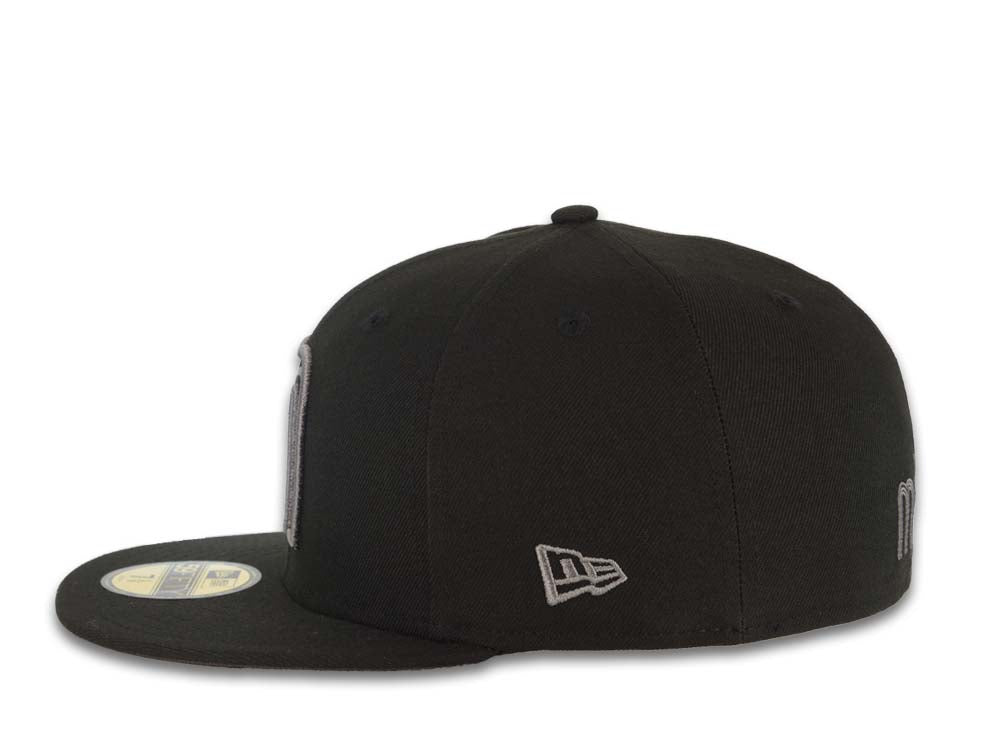 Mexico New Era 59FIFTY 5950 Fitted Cap Hat Black Crown/Visor Black/Dark Gray Logo Mexico Flag Side Patch Dark Gray UV
