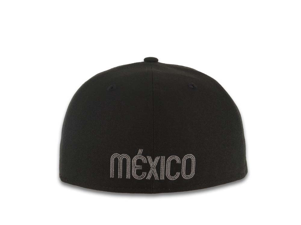 Mexico New Era 59FIFTY 5950 Fitted Cap Hat Black Crown/Visor Black/Dark Gray Logo Mexico Flag Side Patch Dark Gray UV