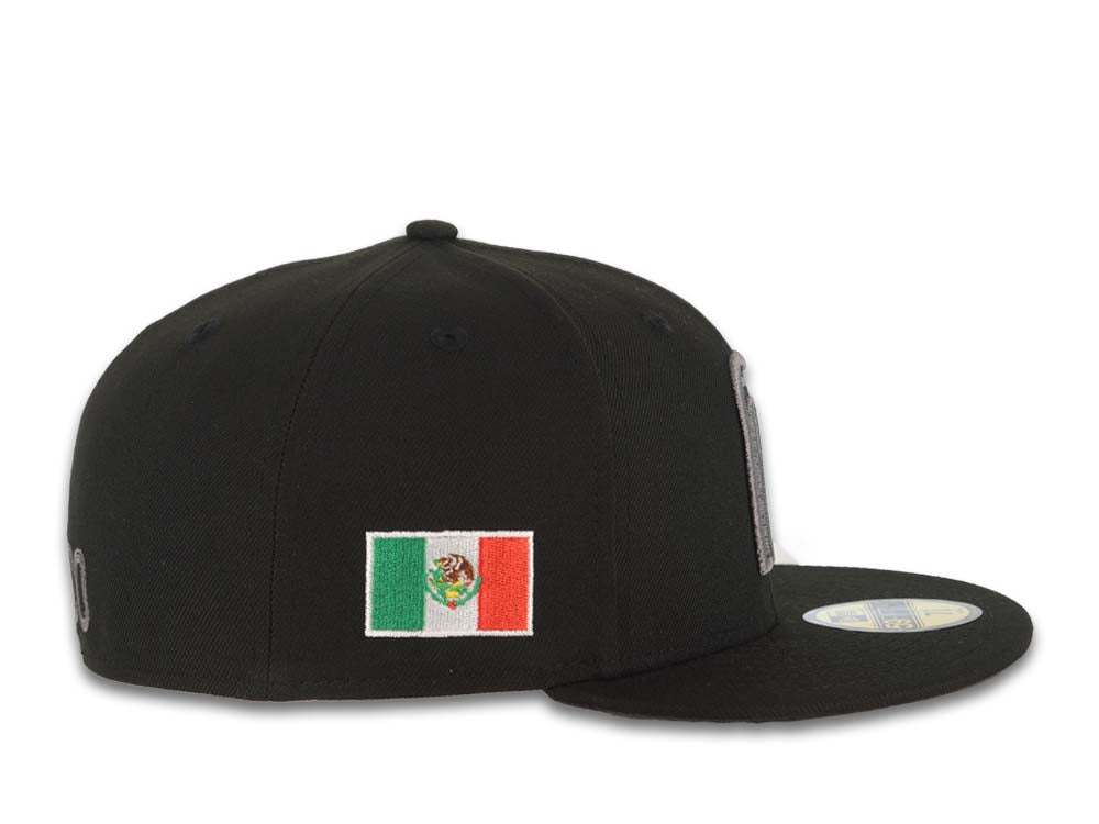 Mexico New Era 59FIFTY 5950 Fitted Cap Hat Black Crown/Visor Black/Dark Gray Logo Mexico Flag Side Patch Dark Gray UV