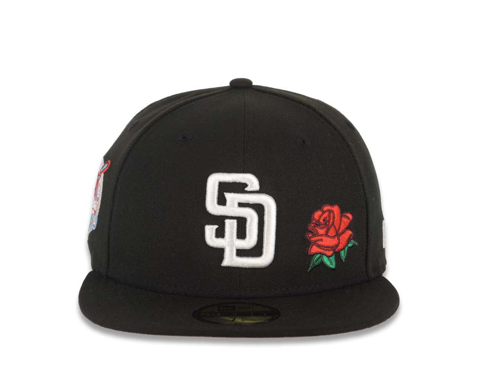 San Diego Padres New Era MLB 59FIFTY 5950 Fitted Cap Hat Black Crown/Visor White Logo With Rose 40th Anniversary Side Patch